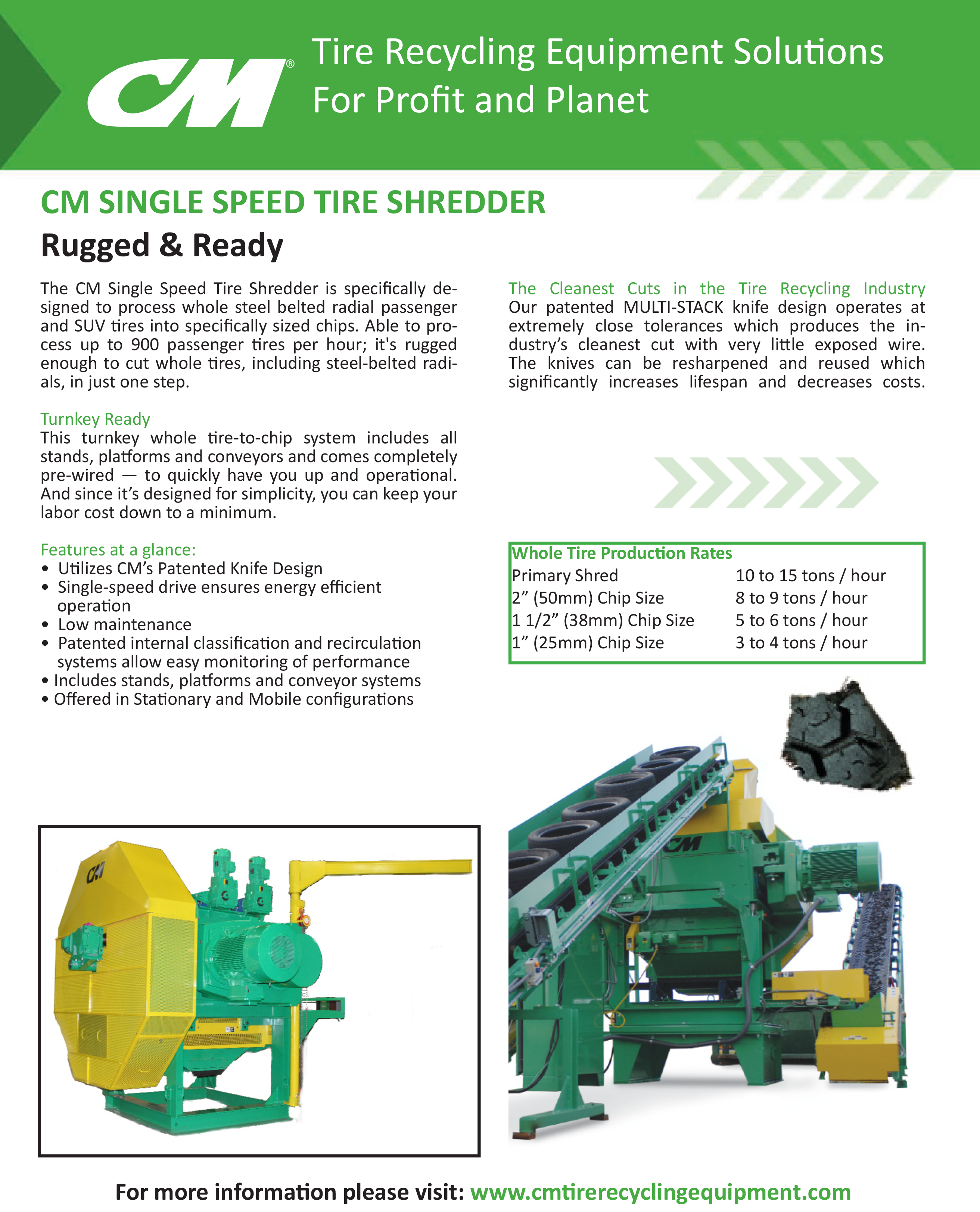 Learn more by viewing the CM Single Speed Tire Shredder Brochure